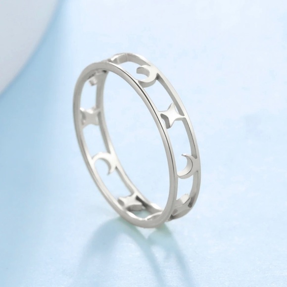 3 For $35 18K White Gold (Rhodium) Plated Moon & Stars Minimalist Ring - Picture 1 of 3